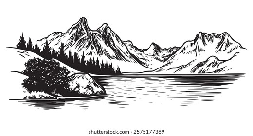 mountain lake landscape with trees and rocky peaks in black and white