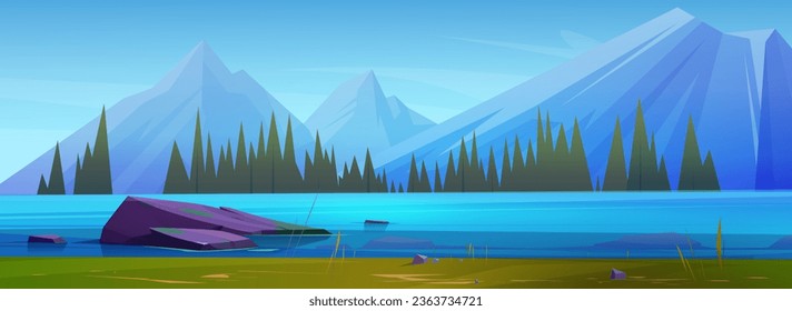 Mountain lake landscape. Vector cartoon illustration of evergreen fir trees on river bank, rocky peaks on horizon, blue sky. Beautiful scenery for travel adventure game background, spring wallpaper