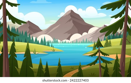 Mountain lake landscape. Vector horizontal illustration of spring summer nature with field, lake, river, forest, pine trees, grasslands meadow, mountains. Green hills and valley panorama. Spring time
