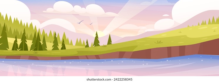 Mountain lake landscape. Vector horizontal illustration of spring summer nature with field, lake, river, forest, pine trees, grasslands. Green hills and valley panorama. Tourist direction. Spring time