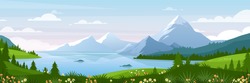 Lacul De Munte Peisaj Ilustrare Vectorială. Desene Animate Panoramă Plat De Vară De Primăvară Natură Frumoasă, Pășuni Verzi Luncă Cu Flori, Pădure, Lac Albastru Pitoresc și Munți Pe Fundal Orizont