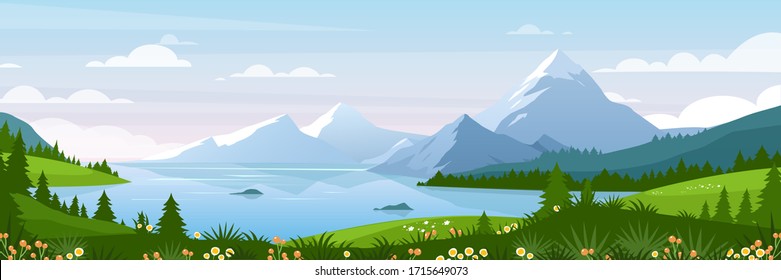 Mountain lake landscape vector illustration. Cartoon flat panorama of spring summer beautiful nature, green grasslands meadow with flowers, forest, scenic blue lake and mountains on horizon background