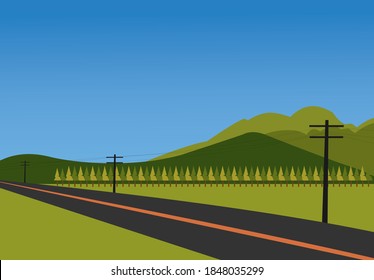 Mountain lake landscape vector illustration. Cartoon flat panorama of spring summer beautiful nature, green grasslands meadow with flowers, forest, scenic blue lake and mountains on horizon background