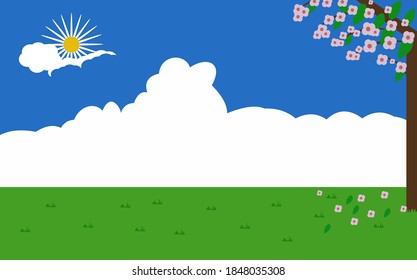 Mountain lake landscape vector illustration. Cartoon flat panorama of spring summer beautiful nature, green grasslands meadow with flowers, forest, scenic blue lake and mountains on horizon background