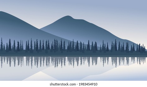 Mountain lake landscape vector illustration. Silhouettes of mountains and firs are reflected in a mountain lake. Mountain river in the foreground. Evening twilight. Landscape, background