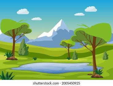Mountain lake landscape vector illustration. Tranquil Rural Landscape consept.