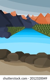 Mountain lake landscape vector illustration. Beautiful nature with blue lake, forest ,mountains and horizon.  Cartoon flat