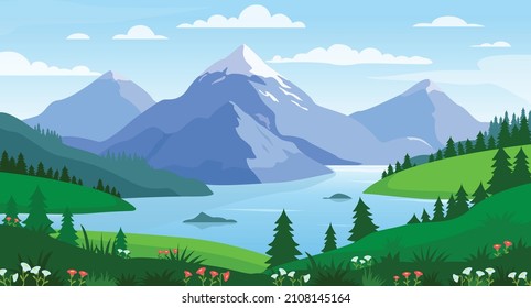 Mountain lake landscape vector illustration. Panorama of spring summer beautiful nature, meadow with flowers, forest, scenic blue lake and mountains on horizon background. 