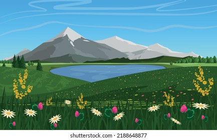 Mountain lake landscape vector illustration. Cartoon flat panorama of spring, summer, beautiful nature, green meadows with flowers, forest, picturesque blue lake and mountains on the horizon