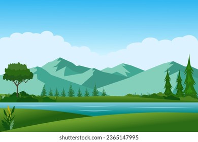 Ilustración vectorial del paisaje del lago de montaña con prados verdes y árboles en la mañana.