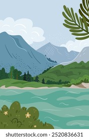 Mountain lake landscape vector illustration. Scenic blue lake and mountains on horizon background. Cartoon flat panorama of spring summer beautiful nature, green grasslands, bushes with flowers