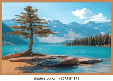 Mountain lake landscape vector illustration. Cartoon flat panorama of spring summer beautiful nature, green grasslands meadow with sky, mountain, forest, scenic