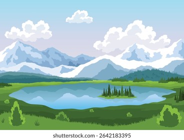 Mountain lake landscape vector illustration. Cartoon flat panorama of spring summer beautiful nature, green grasslands meadow with flowers, forest, scenic blue lake and mountains on horizon background