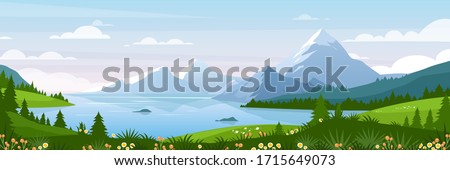 Mountain lake landscape vector illustration. Cartoon flat panorama of spring summer beautiful nature, green grasslands meadow with flowers, forest, scenic blue lake and mountains on horizon background