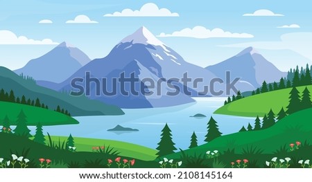 Mountain lake landscape vector illustration. Panorama of spring summer beautiful nature, meadow with flowers, forest, scenic blue lake and mountains on horizon background. 