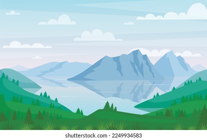 Bergsee-Landschaft. Vektormaler Ort Hintergrund des Frühlings. Cartoon flache Panorama der sommerlichen schönen Natur, grüne Wiese, Wald, malerischer blauer See und Berge.