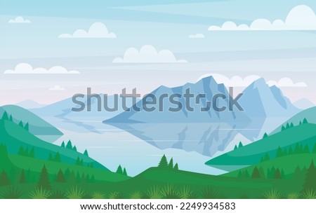 Mountain lake landscape. Vector picturesque place background of spring. Cartoon flat panorama of summer beautiful nature, green grasslands meadow, forest, scenic blue lake and mountains.
