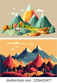 mountain lake landscape view mountain surrounded river and beautiful sky. Vector illustration