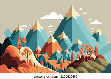 mountain lake landscape view mountain surrounded river and beautiful sky. Vector illustration