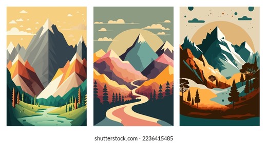 vista panorámica del paisaje del lago montañoso rodeado de río y hermoso cielo. Ilustración del vector