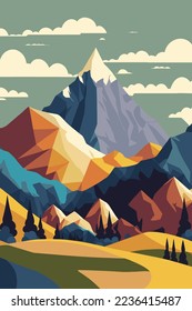 vista panorámica del paisaje del lago montañoso rodeado de río y hermoso cielo. Ilustración del vector