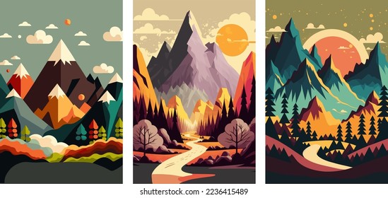 mountain lake landscape view mountain surrounded river and beautiful sky. Vector illustration