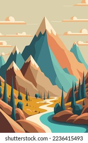 mountain lake landscape view mountain surrounded river and beautiful sky. Vector illustration