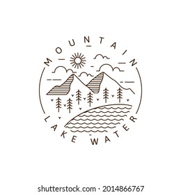Mountain and lake monoline or line art style vector illustration