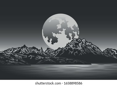 Mountain lake with moon vector illustration