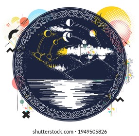 Mountain lake. Mystical symbol of tourism, camping, travel. Zine culture concept. Hand drawn vector glitch tattoo, contemporary cyberpunk collage. Vaporwave art 