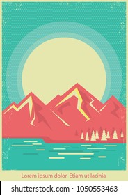 Mountain Lake Nature Landscape On Retro Poster Background For Text