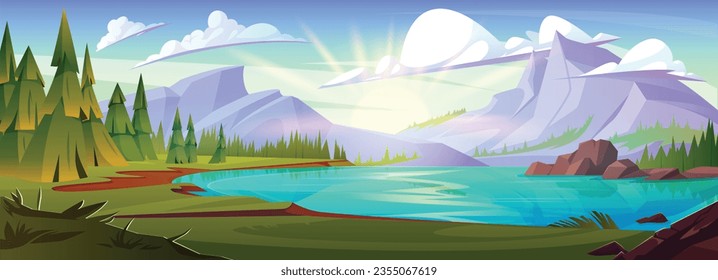 Mountain lake near forest nature vector background. Pine tree, river water and beautiful valley daytime panorama illustration for game environment graphic. Outdoor travel scene with green grass