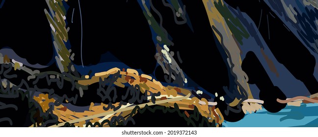 mountain lake near the rocks, scribble drawing vector illustration