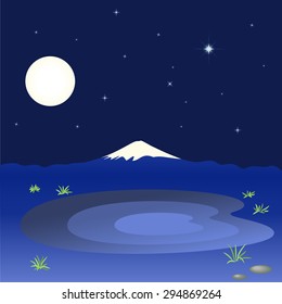 Mountain and lake in the night sky with stars, vector illustration