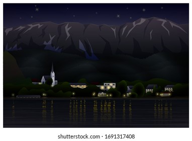 Mountain lake at night. Vector illustration