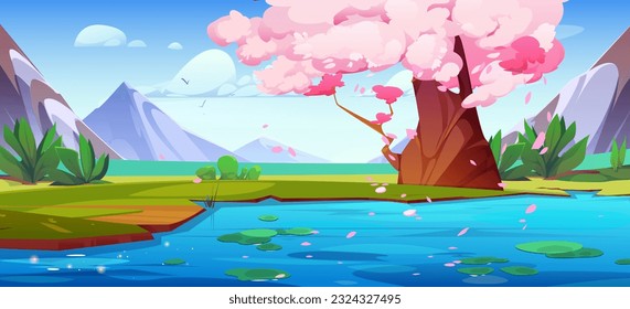 Bergsee mit alter Sakura-Bäume am Ufer. Vektorgrafik auf asiatischem Hintergrund, rosafarbene Kirschblütenblätter, die in der Luft über blauem Flusswasser fliegen. Japanischer Frühling Park, Vögel am Himmel