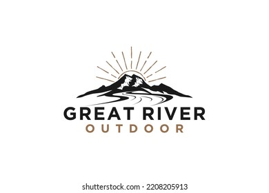 Mountain lake outdoor logo sunset scene illustration camp adventure river valley