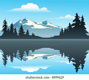 Mountain Lake - An outdoor scene overlooking a calm cool lake with trees and mountains in the distance.