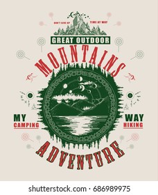 Mountain lake poster and t-shirt design. Mystical symbol of tourism, camping, travel 