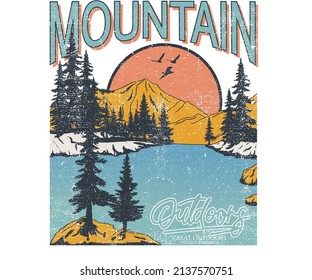 Mountain with lake print design for t shirt and others. Outdoor vintage vector artwork design.