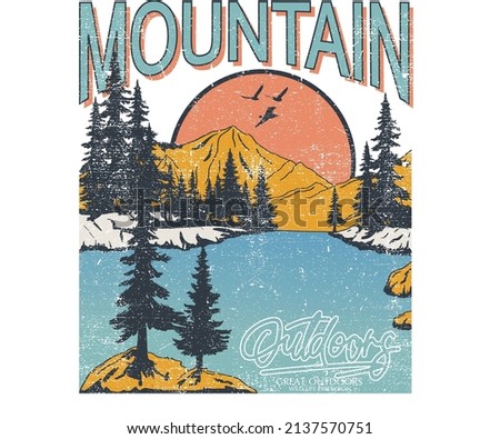 Mountain with lake print design for t shirt and others. Outdoor vintage vector artwork design.
