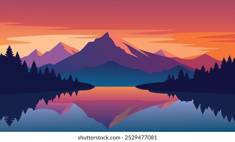 mountain lake reflecting a vibrant, colorful sky at sunset, surrounded by majestic peaks and lush greenery flat vector illustration Nature background.