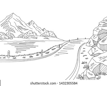 Mountain lake road graphic black white landscape sketch illustration vector