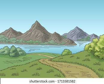 Mountain lake road graphic color landscape sketch illustration vector 