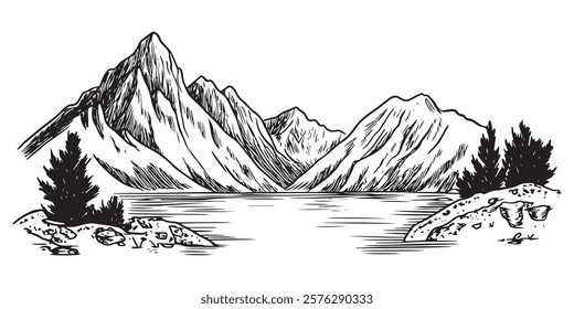 mountain lake with rocky shore and pine trees hand-drawn black and white illustration