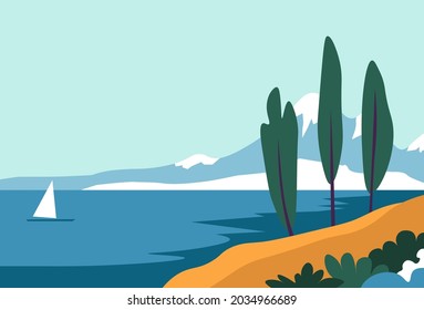 Mountain lake with sailing boat and nature around. Landscape with trees and shore with sandy beach. Journey or voyage, exploring nature and serene landmarks on vacation. Vector in flat style