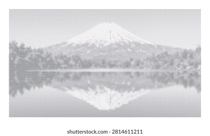 Mountain and lake scene, dot art reflection, natural landscape, monochromatic.
