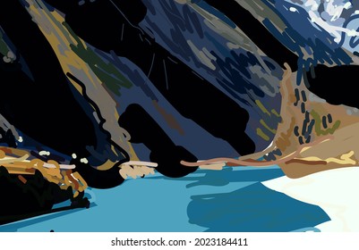 mountain lake shore , scribble drawing vector illustration
