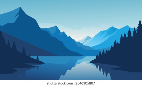 
Lago de montaña envuelto en niebla, rodeado de rocas escarpadas y tranquila Ilustración vectorial plana de belleza natural