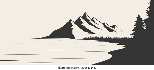 Mountain lake silhouette graphic art black white landscape illustration vector. Mountain and lake black and white illustration. Mountain vector illustration